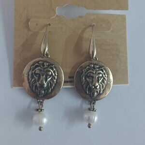 Patricia Nash Gold-Tone Lion Dangle & imitation Pearl Drop Earrings